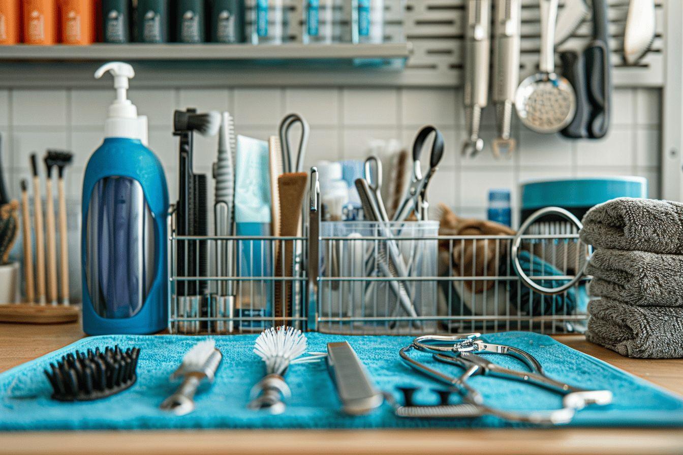 Étagère de rangement avec divers outils de coiffure et d'hygiène personnelle.