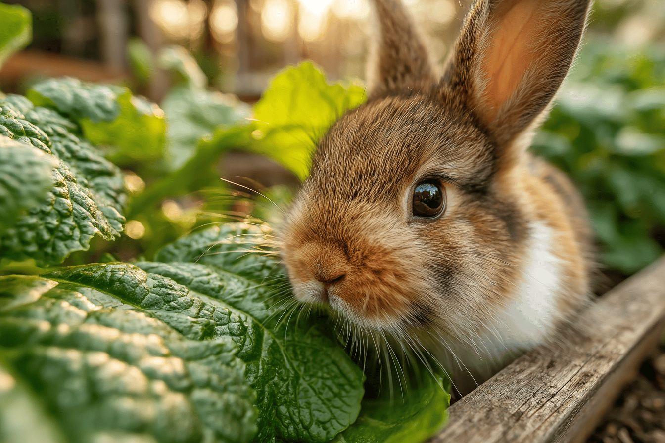 Gros plan sur un lapin brun regardant à travers des feuilles vertes