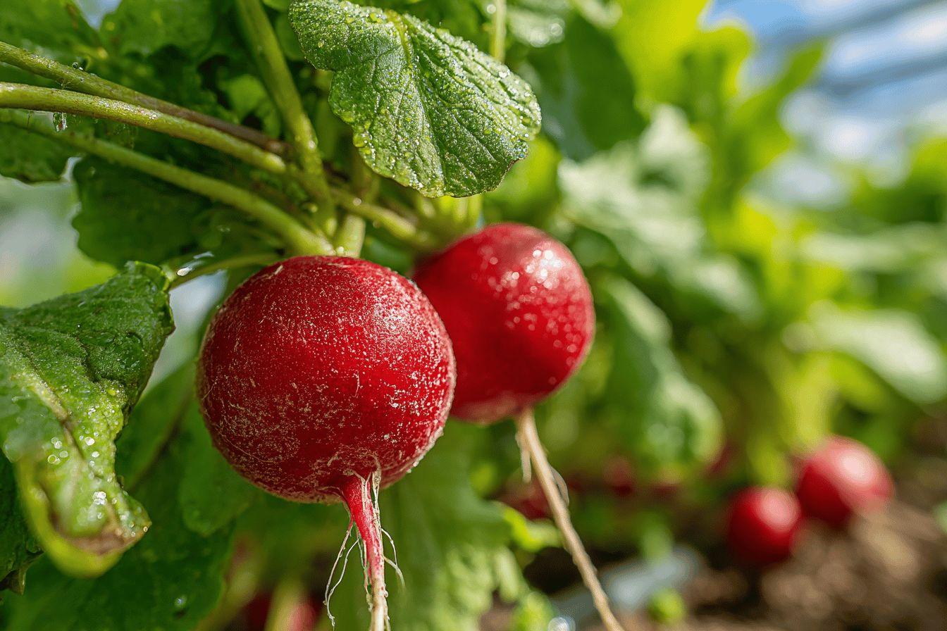 Gros plan sur des radis rouges brillants avec feuilles vertes